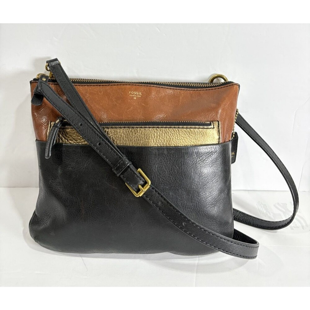 Fossil Women's Tricolor Tan Black Gold Leather Crossbody Shoulder Purse Bag